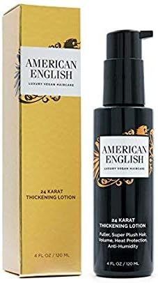 American English Vegan Hair Care 24 Karat Hair Thickening Lotion – Hair Volumizer and Water Based Vegan formulation - Anti-humidity, Heat Protection and Curl retention, 120ml For Men and Women
