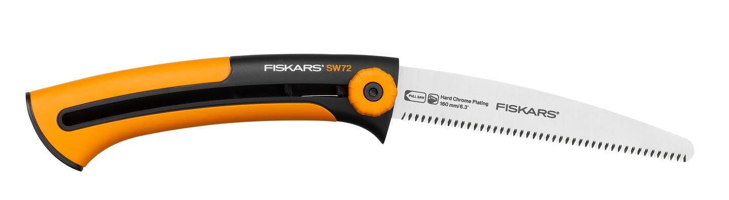 Fiskars Handsaw for Wood Strips and Plates, Fine Serration, Saw Blade Length 16 cm, Retractable, Stainless Steel Saw Blade/Plastic Handle, Black/Orange, Xtract, SW72, 1000612