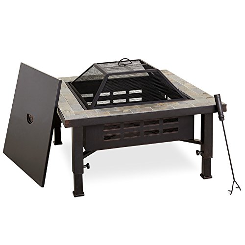 Global Outdoors 34-in Adjustable Leg Square Slate Top Fire Pit with Spark Screen, Weather Resistant Cover and Safety Poker