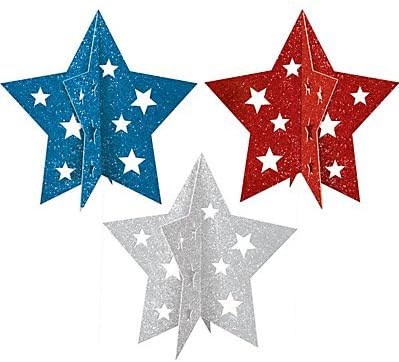 3D Glitter Patriotic Star Centerpieces 3ct, 5"