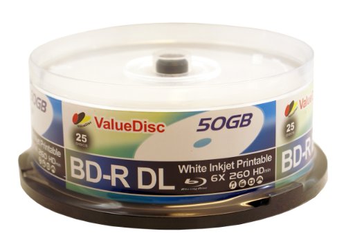 ValueDisc BD-R 6X DUAL LAYER 50GB WHITE INKJET PRINTABLE 25PK in Spindle