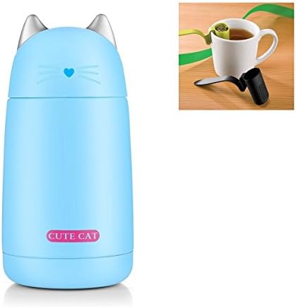 Cute Cat Thermos - Vacuum Insulated Stainless Steel Cat Cartoon Thermos Cute Thermos for Kids, Girls, Women &amp; Cat Lovers – Cute Travel Coffee Mug Water Bottle for Kids &amp; Adults (10 Oz) [Light Blue]