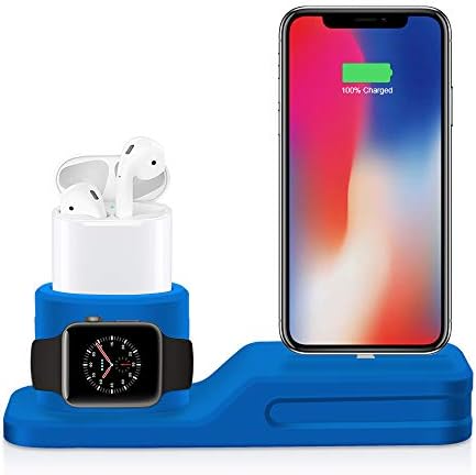 USSJ Compatible for Phone Stand Charging Dock, 3 in 1 Premium Silicone Stand Compatible with Airpods & Apple Watch & iPhone (Blue)