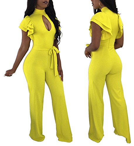 Women's Sexy Ruffles Short Sleeve Solid Hollow Out Loose Wide Legs Party Mini Club Jumpsuits Romper