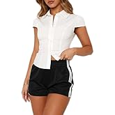 Women Y2k Button Down Cropped Shirts Vintage Short Sleeve Collared V Neck Peplum Shirts Slim Fitted Going Out Blouses