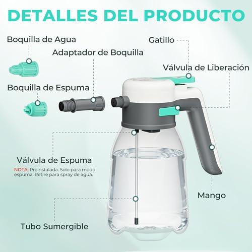 HAUSHOF Espumador Eléctrico para Coche 1,8L, Pulverizador de Espuma 2 en 1 | Inalámbrico 8V, 2 Boquillas Ajustables, Uso sin Bombeo Manual, Incluye Detergente, Guantes y Toalla