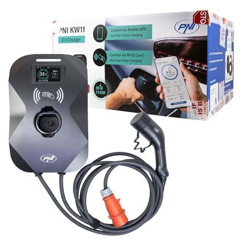 PNI KW11 16A, 11KW Ladestation, fuer Elektroautos, 85V - 415V, dreiphasig, 7-poliges Typ2-Kabel, 3,5 Zoll Bildschirm, mit Bluetooth, Anwendungssteuerung und RFID-Karte, IP55