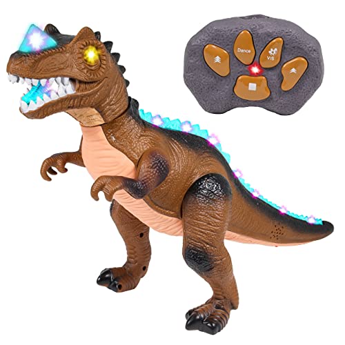 Kidplokio RC Remote Control Dinosaur T Rex Toys for Boys, LED Lights Sounds, Brown, Ages 3+