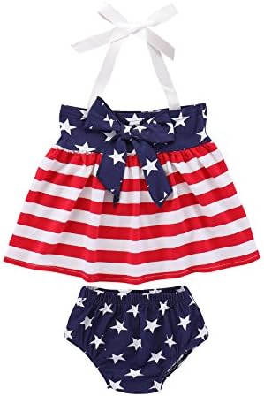 Seaby July 4th Baby Girls Flag Romper Dress Striped Stars Print Halter Sleeveless Backless Bodysuit with Headband (80(6-12M), 2PCS Dress+Shorts)