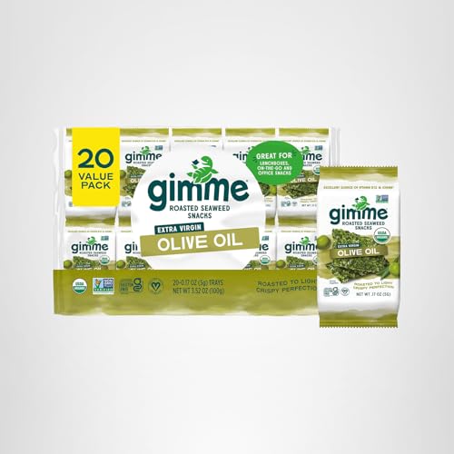 GIMME SEAWEED ORGANIC PREMIUM ROASTED SEAWEED SNACKS, EXTRA VIRGIN OLIVE OIL, 20 COUNT, KETO, VEGAN, GLUTEN-FREE, GREAT SOURCE OF OMEGA3S AND IODINE, HEALTHY ON-THE-GO SNACK FOR KIDS AND ADULTS