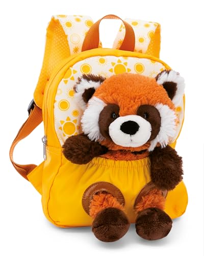NICI mochila infantil amarilla 2 en 1 con peluche panda rojo 25cm - Mochila para guardería niñas y niños - Zona lumbar suave y correas ajustables - 49854