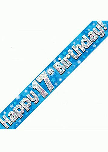 9ft Blue & Silver Stars Holographic Happy 17th Birthday Banner (2.7m length) by Party2u