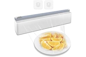 SKYXIU Plastic Wrap Dispenser with Cutter,Reusable Plastic Food Wrap Dispenser,Magnetic Cling Film Dispenser with 2 Sticky Hooks,Tin Aluminum Foil Dispenser with Slide Cutter