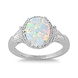 Oval Halo White Simulated Opal Ring Sterling Silver 925 (Sizes 4-10)