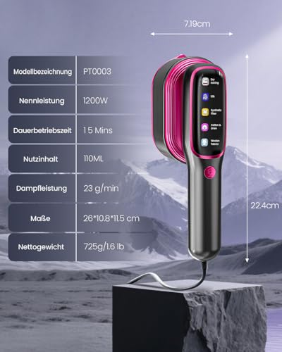 QWUE 2-in-1 Portable Clothes Steam Iron - 15 Seconds, Quick Heating (1200W), 90° Rotating Handle, 5 Steam Modes, 15 Minutes, Continuous Steam - Ideal for Travel & Home (Purple)