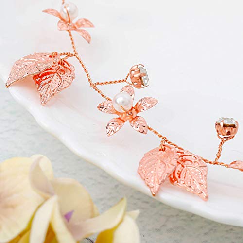 Yean Bride Wedding Hair Vine Headband Gold Leaf Bridal Accessories for Women (Rose Gold)