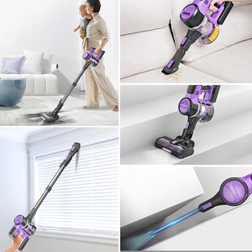 Yassol Aspirateur sans Fil, Aspirateur Balai sans Fil Puissant 55000Pa Pliable, 55Min Autonomie, Aspirateur sans Sac Léger Anti-Emmêlement pour Sol Dur Tapis Poils d'animaux Voiture(Violet)