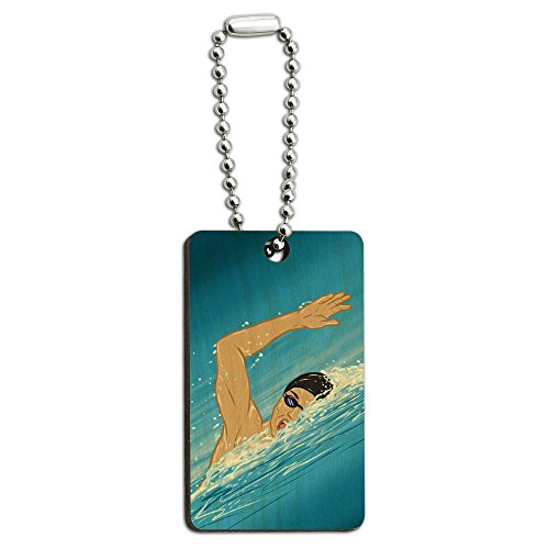 Swimming - Swim Freestyle Pool Sport Wood Wooden Rectangle Key Chain