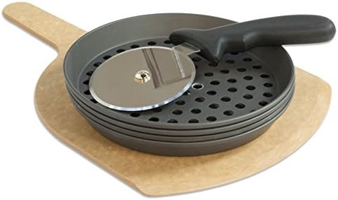 LloydPans Kitchenware 8 Inch Perforated Pizza Pan and Cutting Board Party Set