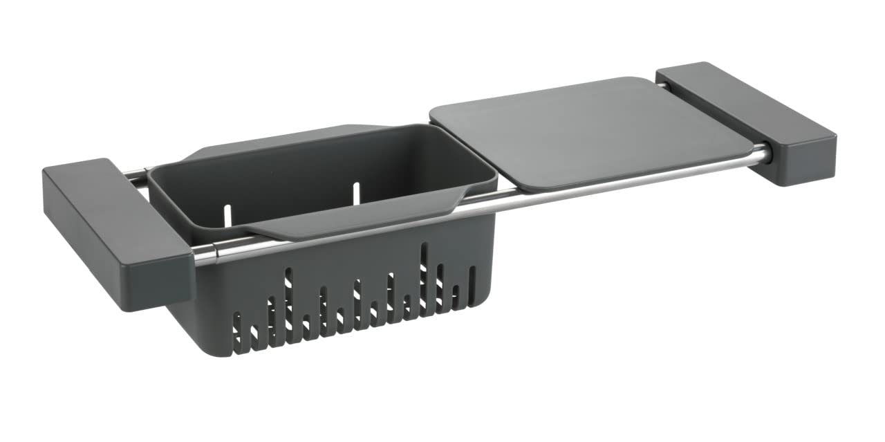 WENKO Cami sink caddy, extendable sink organizer, plenty of storage space for dishwashing utensils, can also be used as a sieve and cutting board, with 43.5-77.5 x 8 x 14 cm made of stainless steel/PP/BPA free