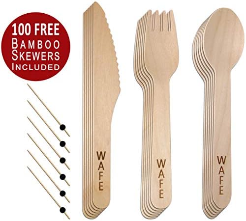 150pcs Disposable Wooden Cutlery + 100 Bamboo Cocktail Sticks - Biodegradable & Eco Friendly for Party Picnic BBQ - Perfect for Plastic-Free Events - 50 Forks, 50 Spoons, 50 Knives