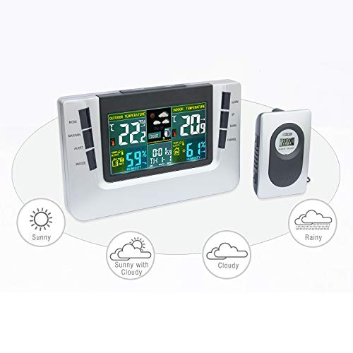 JIMEI Multi-Functional Digital Wireless Weather Station Forecaster with Alarm Clock Indoor and Outdoor Temperature Humidity Indicator Snooze LCD Color Display 116G