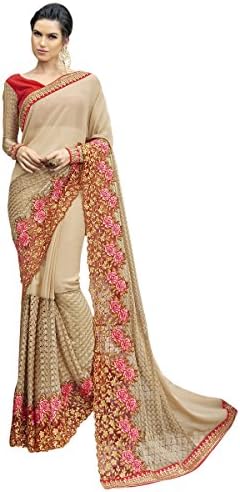 Triveni Sarees Women's Chiffon Saree with Blouse Piece (TSN96084, Beige)
