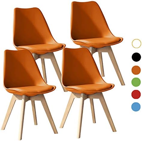 SALBAY Dining Chairs Tulip Chairs Retro Wooden Legs Cushioned PU Seat (Orange, 4)