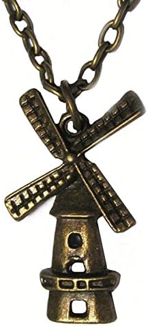 Mini Windmill Bronze Tone Pendant 16" Chain-Link Necklace