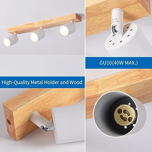 ANWIO Ceiling Lamp with 3 Interior LED Bulbs, GU10 Base, White Wall Light with Rectangular Wooden Base, Rotatable Ceiling Light (without Bulbs)