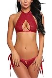 Avidlove Women Lingerie Set Lace Babydoll Strappy Bra Panty Teddy Halter Nighty Red M