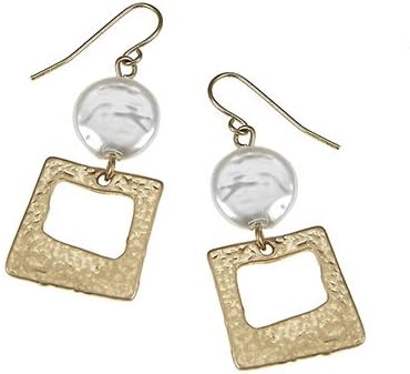 Imitation Pearls &amp; Artisan Square Earrings ?Features: Worn Gold Plating Textured Artisan Square Earrings Linked Ivory Coin Imitation Pearl Fish Hook Ear Wires ?Textured Artisan Square Earrings