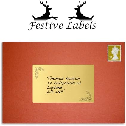 40x Metallic Gold Christmas Address Stickers, Festive Labels “Holly Xmas” Printed Rectangular Blank Sticky Permanent Golden Self-Adhesive For Sticking On Letters Cards Envelopes/Parcels UK FLADG1 Large 99x68mm