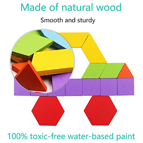 image for WOOD CITY Wooden Pattern Blocks Set 130 Pcs, Geometric Shapes Tangram 