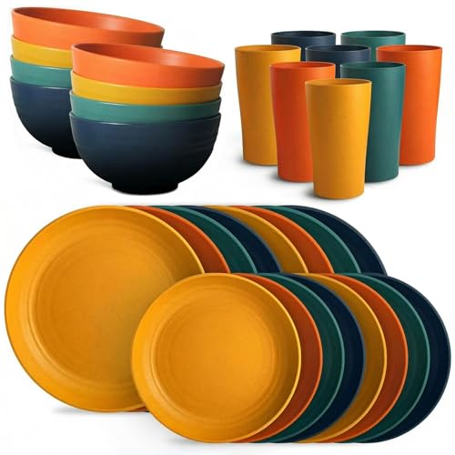 Juego de Vajilla de 32 PCS, Vajillas para 8 Personas de Paja de Trigo, Platos de Reutilizable con PP Irrompible, Incluye Platos, Cuencos y Tazas para Uso Doméstico y Picnic Aire Libre