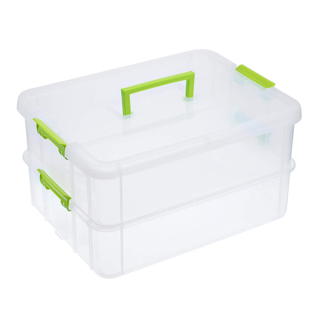 Photo 1 of ***used** JUXYES 2-Tiers Stack Carry Storage Box With Handle, Transparent Stackable Storage Bin With Handle Lid Latching Storage Container for School & Office Supplies (Green)