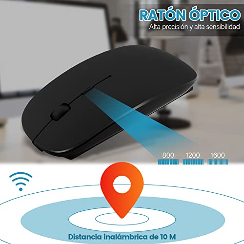 YOMYM Mouse Ratón óptico Inalámbrico Recargable 2.4 G, Silencioso Click con Receptor USB y Tipo-c Adaptador 3 Ajustable dpi Ratón para Computadora, Ideal para Ordenadores portátiles, PCs, Negro