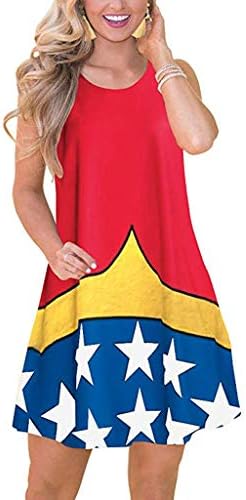Women's America Flag Dresses Summer Patriotic Sleeveless Loose T-Shirt Dress