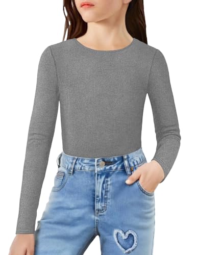 Arshiner Girls Shirts Ribbed Knit Blouse for Kids Size 10-12 Slim Fit Kids Tops Crew Neck Casual Girls Long Sleeve Shirts Grey at Amazon