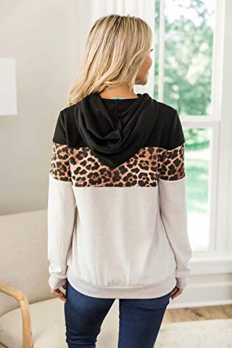 OWIN Women\'s Color Block Sweatshirt Leopard Hoodie Long Sleeve Drawstring Lightweight Pullover Tops