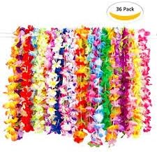 36 Tropical Hawaiian Leis Necklaces Artificial Luau Flowers Garland - for Parties Decoration, Christmas Celebration, Indian Theme Party Decor, Event, Diwali, House Warming, Photo Prop, Ganesh Fest.