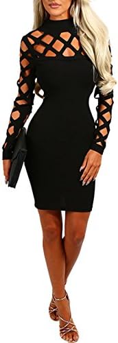 Women's Sexy Long Sleeve Hollow Out Clubwear Bandage Bodycon Party Mini Evening Dress (X-Large, Black)