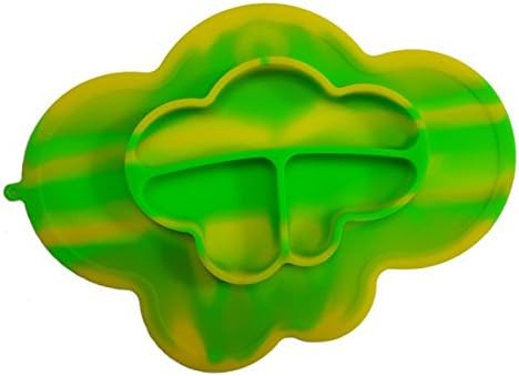 Silicone Cloud Shape Place Mat (Green / Yellow Mix) for Kids Children Toddlers Babies Highchair Feeding Tray Kitchen Dining Table with Built in Plate or Bowl 3 Compartment Portable Non Slip Surface