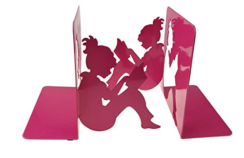 3D Paper-cut Little Girl Is Reading Pattern Metal Bookends Book Ends For Kids Teenagers Teachers Students Adults Study Home School Library Office Decoration (Pink)