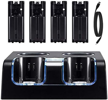 Wii Batteries Charger for Nintendo Wii Remote Controller, Wii Remote Charger Dock with 4 Rechargeable Batteries USB Charging Cord, Black