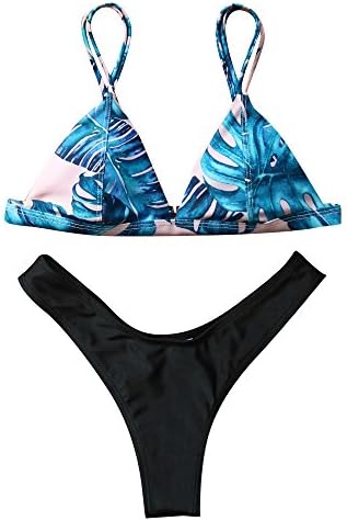 LEESMILE Women Brazilian Top Thong Cheeky Bottom Spaghetti Strap Swimsuit Bikini Set(M(US Size 4-6),Blue)