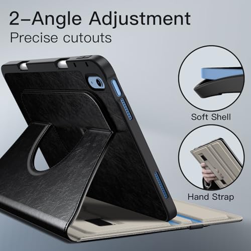 JETech Funda Giratoria para iPad (A16) 11.ª/10.ª Generación (2025/2022) con Soporte para Pencil, Carcasa Folio Cuero PU Rotación 360 Grados (Negro)