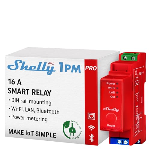 Shelly Pro 1PM - Interrupteur connecté sur rail DIN 16 A, Commutateur W-Fi, LAN Monophasé, Compteur consommation intégré, Contrôle à distance Éclairage, app iOS, Android, Compatible Alexa, Google Home