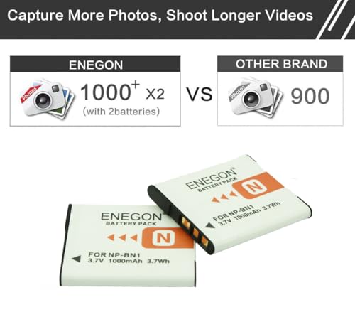 ENEGON NP-BN1 Batteries 2 Pack (1000mAh) and Charger for Sony Cyber-Shot DSC-W800 DSC-W530 DSC-W570 DSC-W650 DSC-W830 DSC-W310 DSC-W330 DSC-TX10 TX20 TX30 DSC-WX100 DSC-W800 DSC-QX10 DSC-QX30