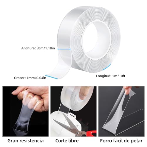LSXD Cinta Doble Cara Extrafuerte, 3 Rollos 5M Nano Tape con Tijera, Adhesivos Doble Cara Transparente, Reutilizable y Lavable, Ideal para Pared, Cocina, Manualidades y Fijación de Fotos